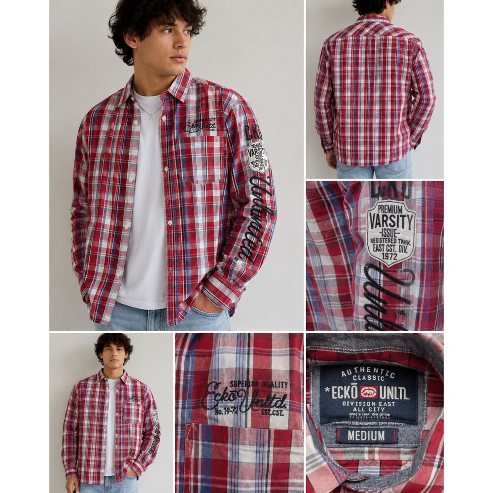 Ecko Unltd Plaid Button Down Shirt Mens Medium Red Blue Embroidered Sleeve